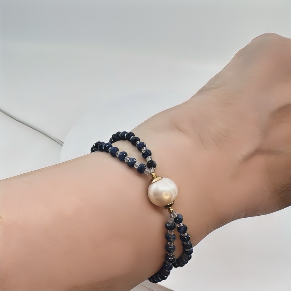 Handcrafted Criss-cross Lapis Lazuli Bracelet with Pearl Accents and Rose Quartz